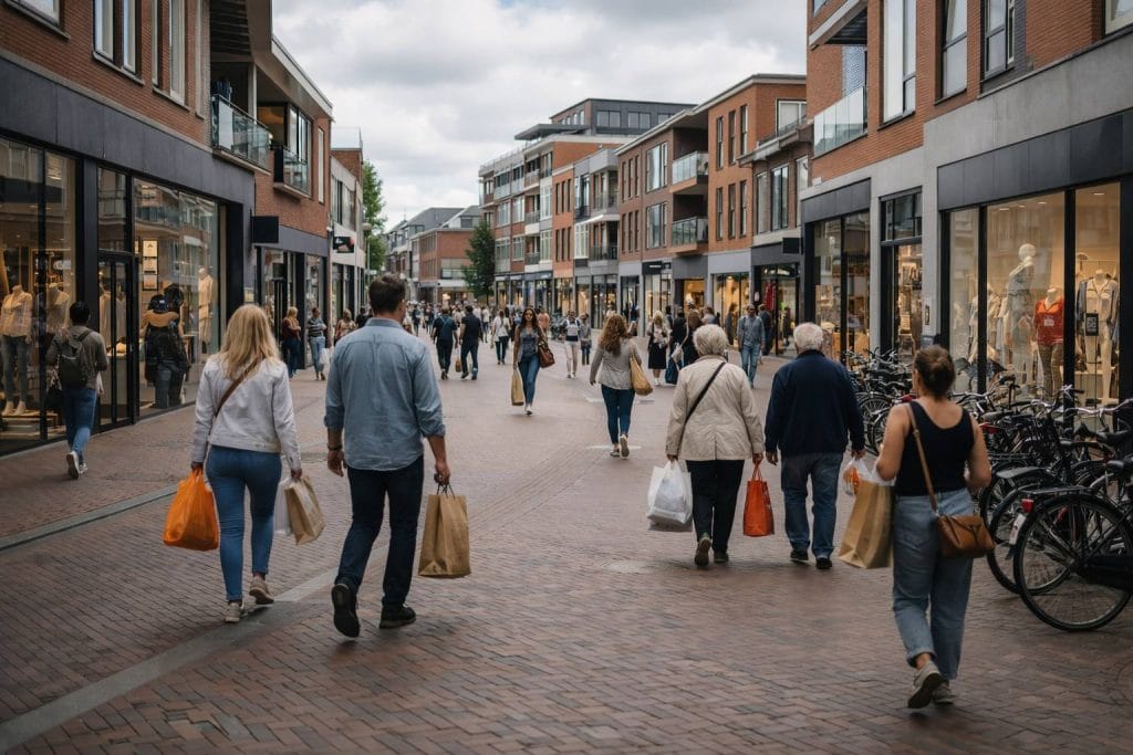 Drukke winkelstraat in een Nederlandse stad