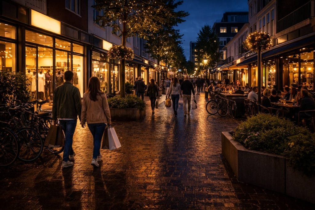 Ga 's avonds winkelen in de winkelstraat